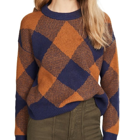 Madewell Sweaters - Madewell Mullen Pullover Crewneck Sweater Size S in Navy Blue and Brown Plaid